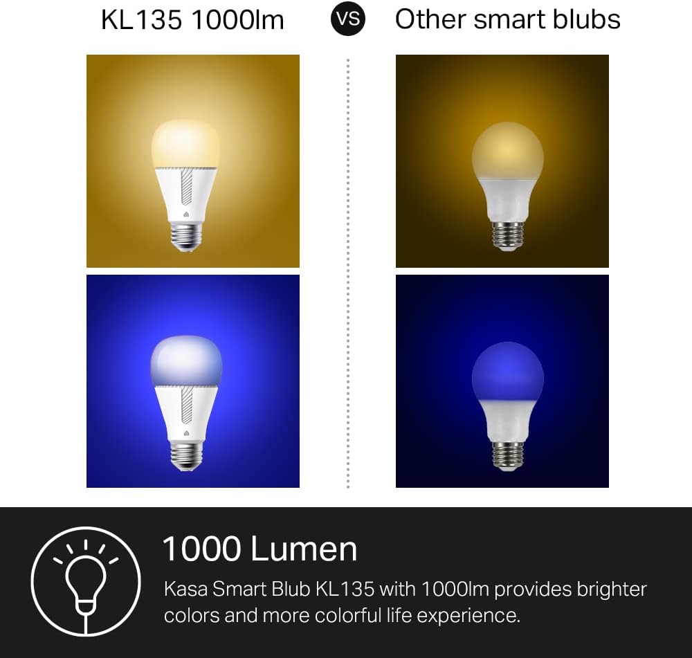 Kasa Smart Bulb, 1000 Lumens Full Color Changing Dimmable Smart WiFi Light Bulb Compatible with Alexa and Google Home, 11W, A19, 2.4Ghz only, No Hub Required (KL135P4)