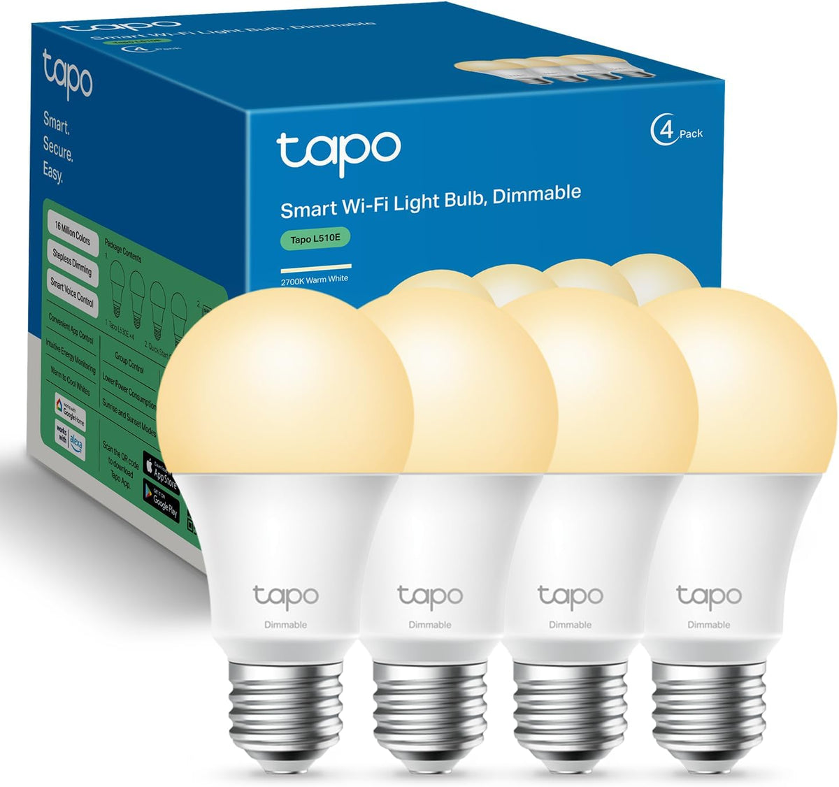 Tapo Smart Wi-Fi Dimmable Light Bulb 4-Pack