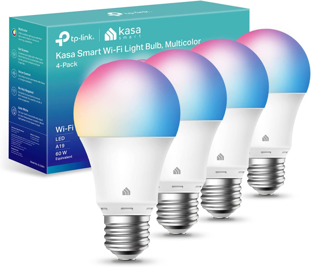 Kasa Smart Light Bulbs, Full Color Changing Dimmable Smart WiFi Bulbs Compatible with Alexa and Google Home, A19, 9W 800 Lumens,2.4Ghz only, No Hub Required, 4 Count (Pack of 1), Multicolor (KL125P4)