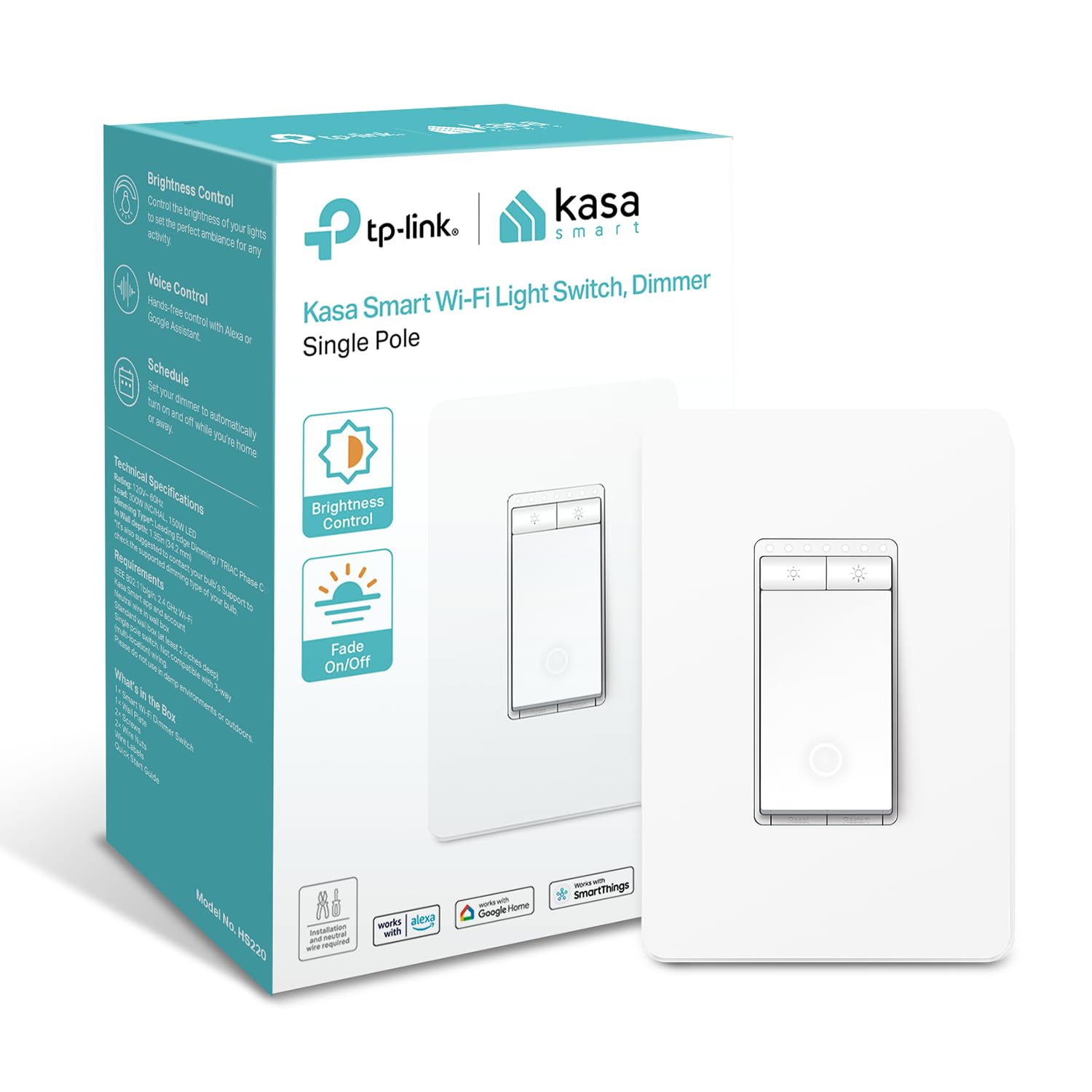 Kasa Smart Dimmer Switch, Single Pole, 2.4GHz Wi-Fi Light Switch, Work with Alexa & Google Home, HS220