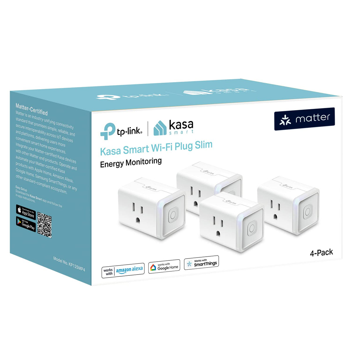 Kasa Matter Smart Plug w/ Energy Monitoring, Compact Design, 15A/1800W Max, Super Easy Setup, Works with Apple Home, Alexa & Google Home, UL Certified, 2.4G Wi-Fi Only, White, KP125M (4-Pack)