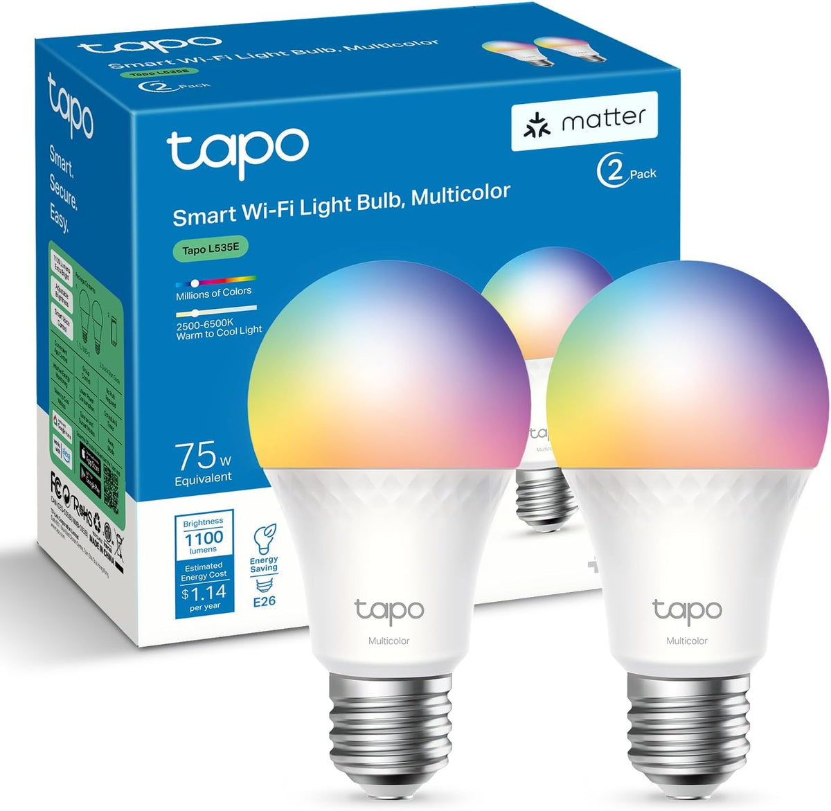 Tapo Smart Wi-Fi Multicolor Light Bulb Matter-Certified 2-Pack