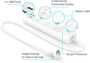 Kasa Smart Plug Power Strip KP303, Surge Protector with 3 Individually Controlled Smart Outlets and 2 USB Ports, Works with Alexa & Google Home, No Hub Required , White