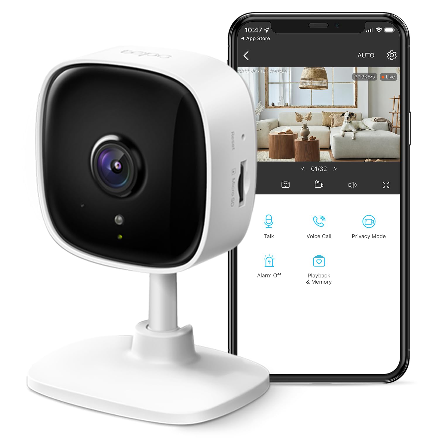 TP-LINK Tapo 2k Indoor Security Wi-Fi Camera, Tapo C110 Night Vision, White