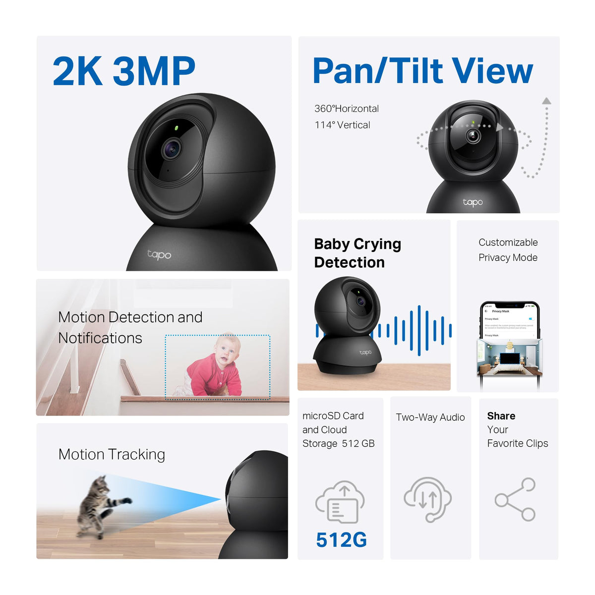 TP-Link Tapo 2K Pan/Tilt Indoor Security Camera, Pet Camera | Motion Detection & Tracking | 2-Way Audio | Cloud & SD Card Storage | Works w/ Alexa & Google Home | Black (Tapo C211)